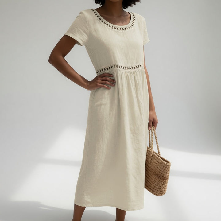 Pernelle™ — Mid-length dress 100% cotton embroidered with gentle femininity